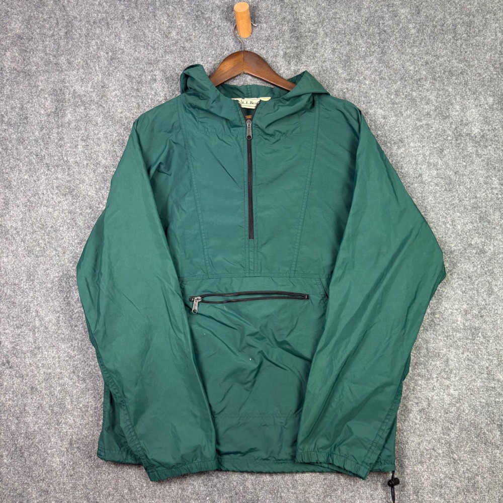 LL Bean Anorak Windbreaker Mens XL Green Half Zip Hooded Pullover Jacket Vintage